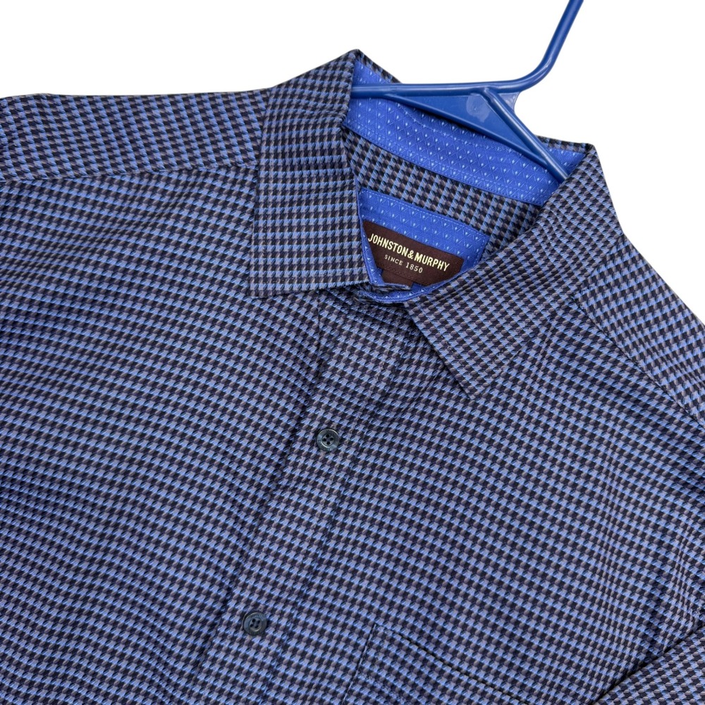 Johnston & Murphy Button Down Shirt Mens Med Blue Black Houndstooth Long Sleeve